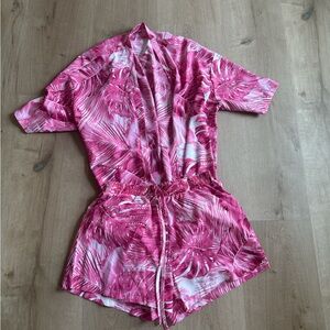 Pink Tropical Print Kimono and Shorts Set